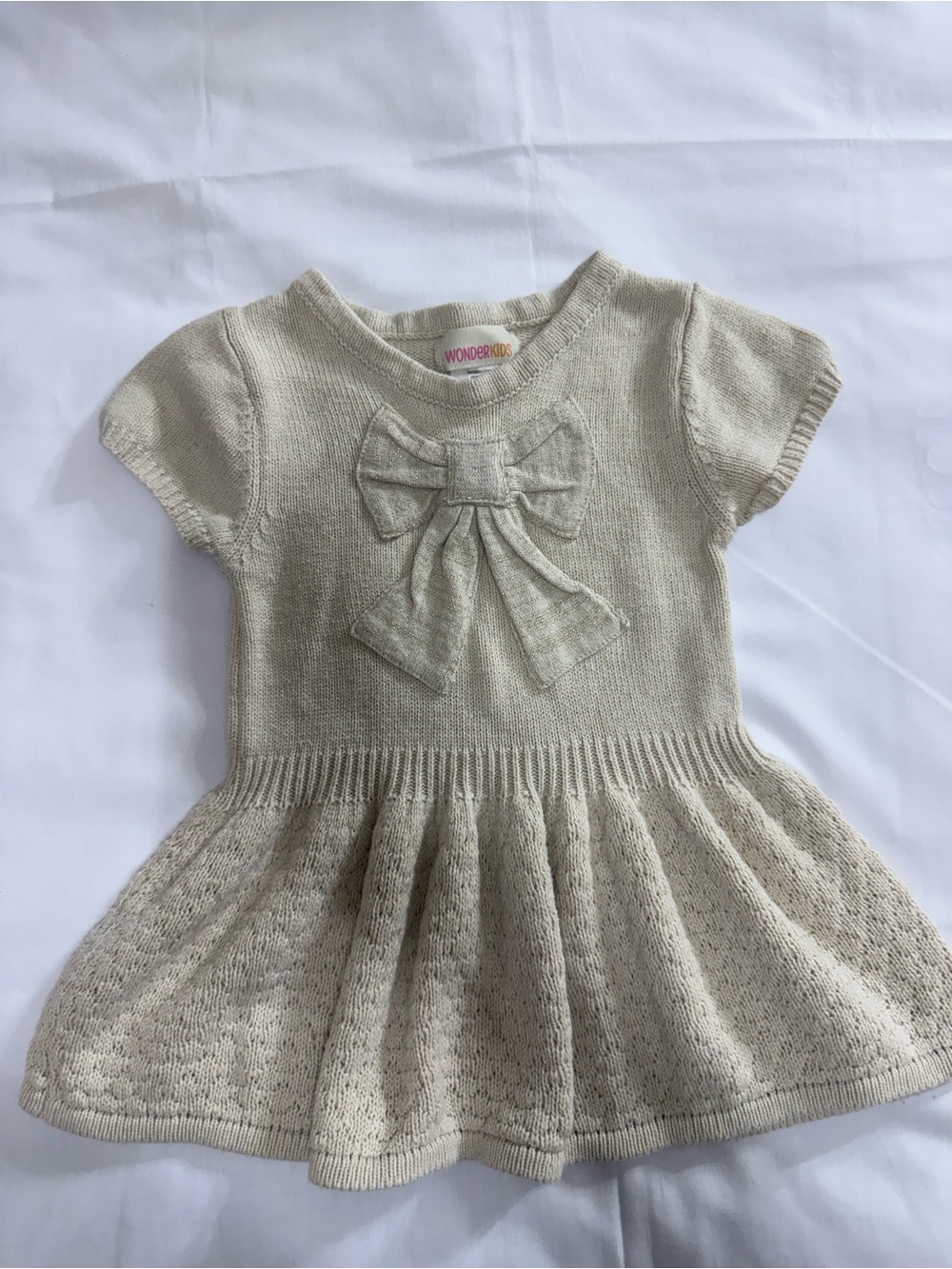 Wonderkids Girls Size 3T Cream Knit Dress with Front Bow Beautiful